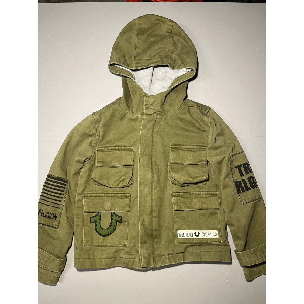 True Religion Kids Olive Green Military Field Jacket Hooded Canvas Size 4
